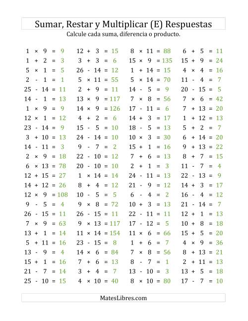 La hoja de ejercicios de 100 Preguntas Horizontales de Suma, Resta y Multiplicación (de 1 a 15) (E) Página 2