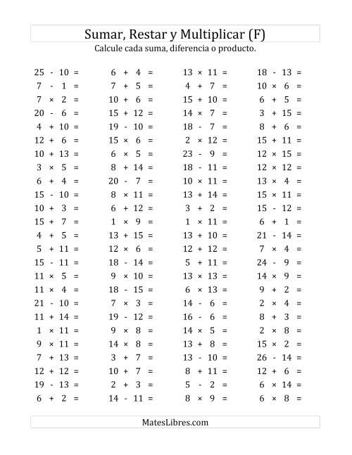 La hoja de ejercicios de 100 Preguntas Horizontales de Suma, Resta y Multiplicación (de 1 a 15) (F)