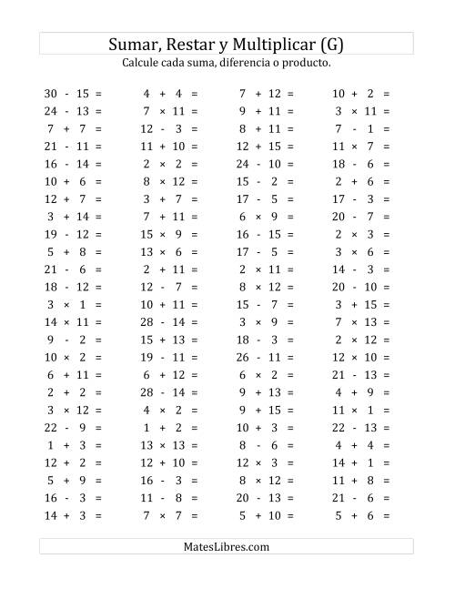 La hoja de ejercicios de 100 Preguntas Horizontales de Suma, Resta y Multiplicación (de 1 a 15) (G)
