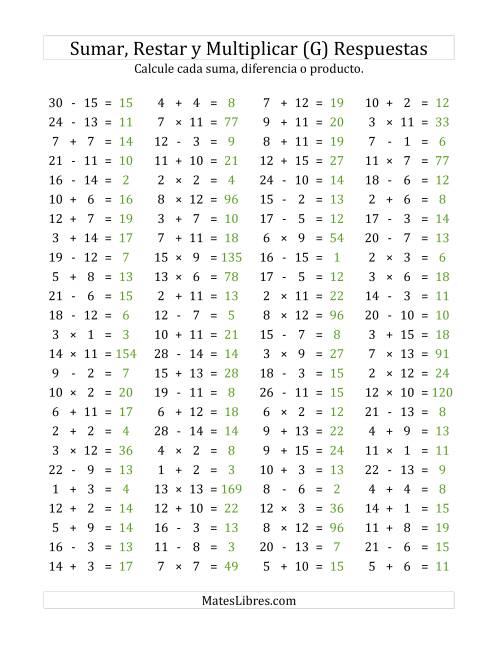 La hoja de ejercicios de 100 Preguntas Horizontales de Suma, Resta y Multiplicación (de 1 a 15) (G) Página 2