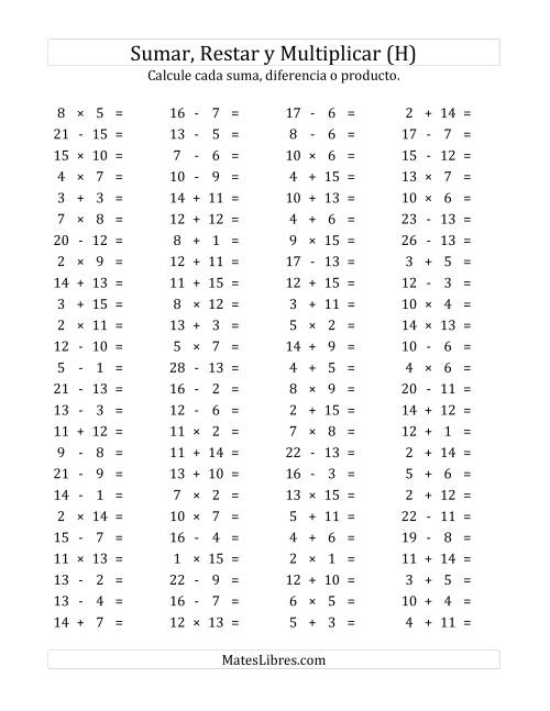 La hoja de ejercicios de 100 Preguntas Horizontales de Suma, Resta y Multiplicación (de 1 a 15) (H)