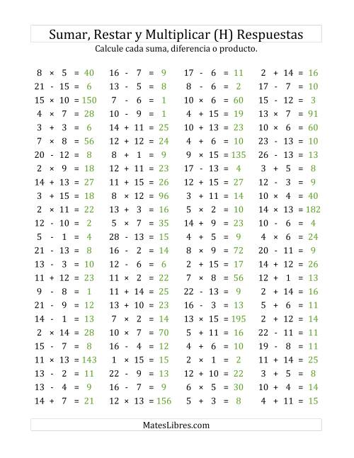 La hoja de ejercicios de 100 Preguntas Horizontales de Suma, Resta y Multiplicación (de 1 a 15) (H) Página 2