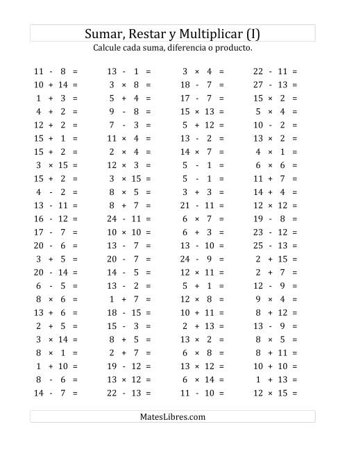 La hoja de ejercicios de 100 Preguntas Horizontales de Suma, Resta y Multiplicación (de 1 a 15) (I)
