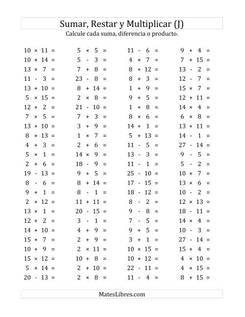 La hoja de ejercicios de 100 Preguntas Horizontales de Suma, Resta y Multiplicación (de 1 a 15) (J)