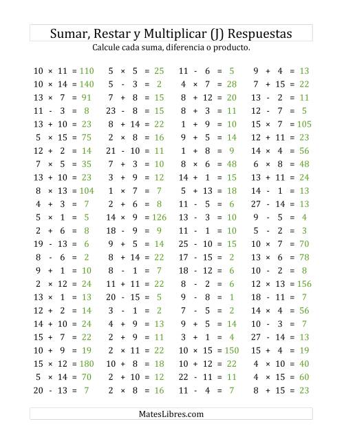 La hoja de ejercicios de 100 Preguntas Horizontales de Suma, Resta y Multiplicación (de 1 a 15) (J) Página 2