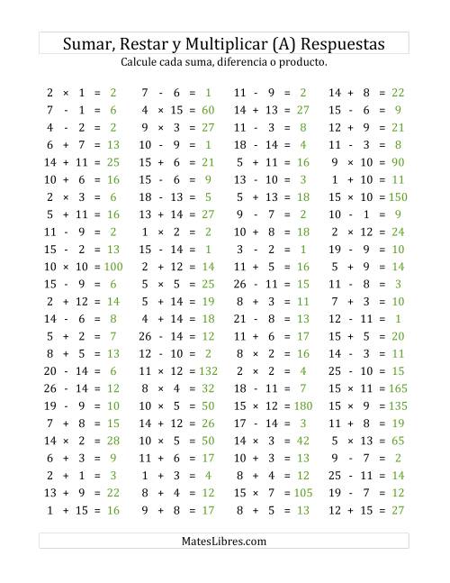 La hoja de ejercicios de 100 Preguntas Horizontales de Suma, Resta y Multiplicación (de 1 a 15) (Todas) Página 2