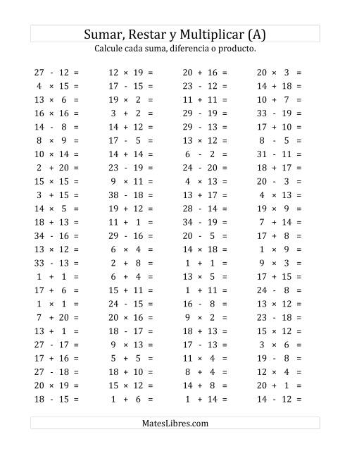 La hoja de ejercicios de 100 Preguntas Horizontales de Suma, Resta y Multiplicación (de 1 a 20) (A)