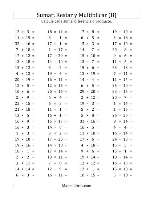 La hoja de ejercicios de 100 Preguntas Horizontales de Suma, Resta y Multiplicación (de 1 a 20) (B)