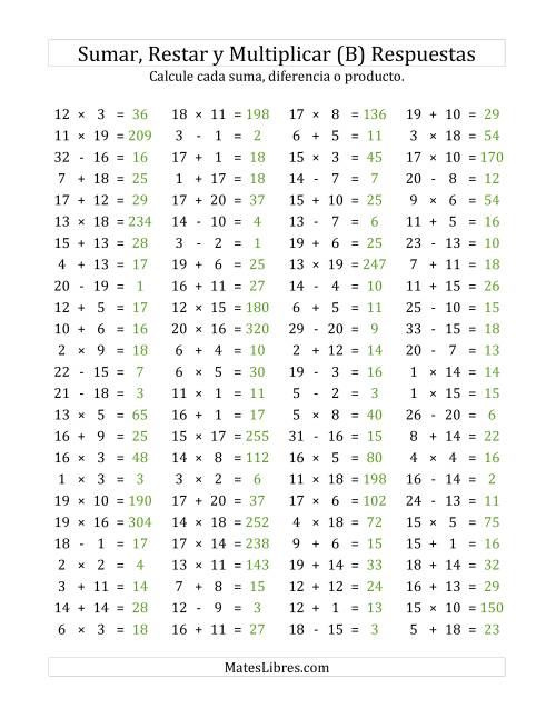 La hoja de ejercicios de 100 Preguntas Horizontales de Suma, Resta y Multiplicación (de 1 a 20) (B) Página 2