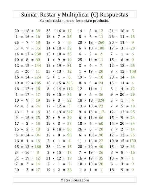 La hoja de ejercicios de 100 Preguntas Horizontales de Suma, Resta y Multiplicación (de 1 a 20) (C) Página 2