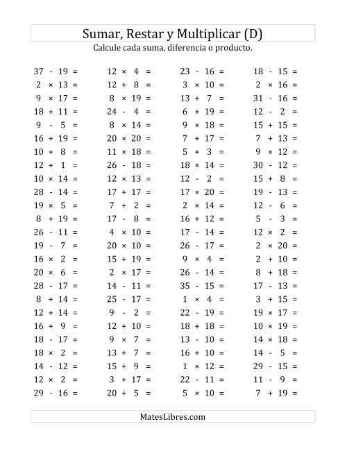 La hoja de ejercicios de 100 Preguntas Horizontales de Suma, Resta y Multiplicación (de 1 a 20) (D)