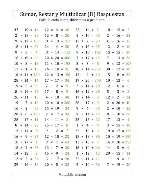 La hoja de ejercicios de 100 Preguntas Horizontales de Suma, Resta y Multiplicación (de 1 a 20) (D) Página 2