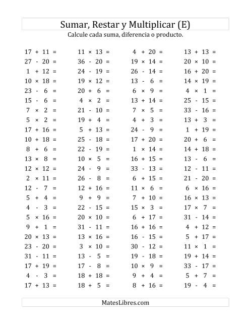 La hoja de ejercicios de 100 Preguntas Horizontales de Suma, Resta y Multiplicación (de 1 a 20) (E)