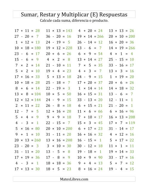 La hoja de ejercicios de 100 Preguntas Horizontales de Suma, Resta y Multiplicación (de 1 a 20) (E) Página 2