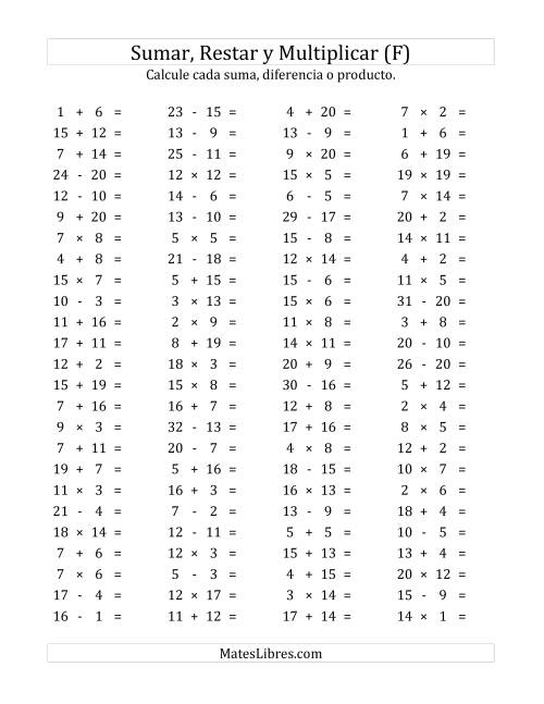 La hoja de ejercicios de 100 Preguntas Horizontales de Suma, Resta y Multiplicación (de 1 a 20) (F)