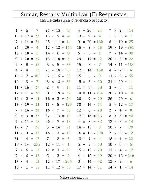 La hoja de ejercicios de 100 Preguntas Horizontales de Suma, Resta y Multiplicación (de 1 a 20) (F) Página 2