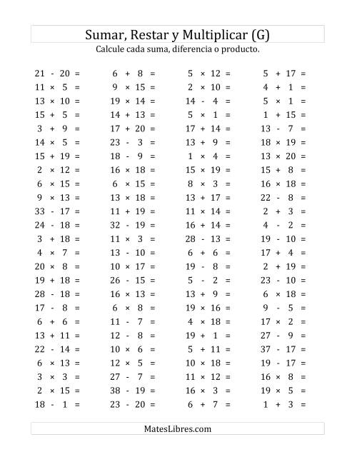 La hoja de ejercicios de 100 Preguntas Horizontales de Suma, Resta y Multiplicación (de 1 a 20) (G)