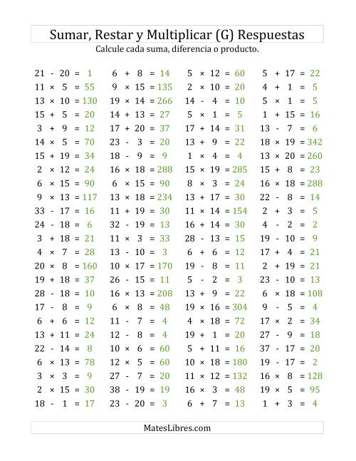 La hoja de ejercicios de 100 Preguntas Horizontales de Suma, Resta y Multiplicación (de 1 a 20) (G) Página 2