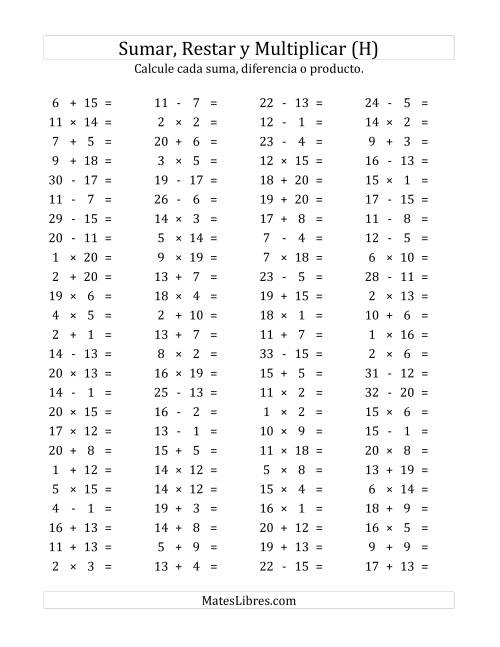 La hoja de ejercicios de 100 Preguntas Horizontales de Suma, Resta y Multiplicación (de 1 a 20) (H)