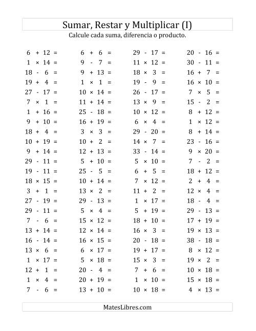 La hoja de ejercicios de 100 Preguntas Horizontales de Suma, Resta y Multiplicación (de 1 a 20) (I)