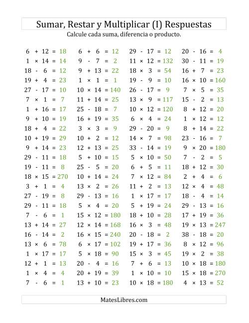 La hoja de ejercicios de 100 Preguntas Horizontales de Suma, Resta y Multiplicación (de 1 a 20) (I) Página 2