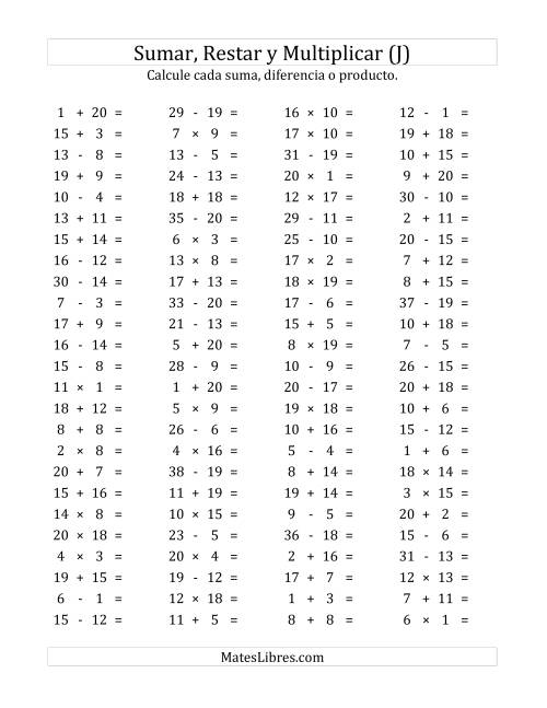 La hoja de ejercicios de 100 Preguntas Horizontales de Suma, Resta y Multiplicación (de 1 a 20) (J)