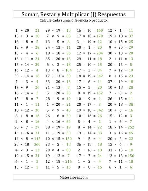 La hoja de ejercicios de 100 Preguntas Horizontales de Suma, Resta y Multiplicación (de 1 a 20) (J) Página 2