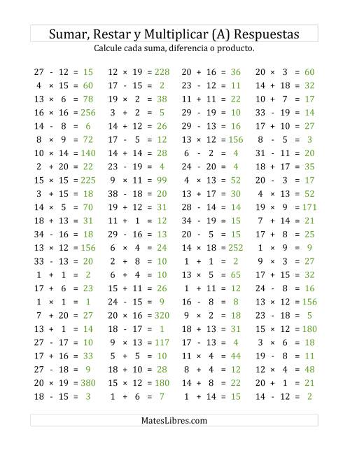 La hoja de ejercicios de 100 Preguntas Horizontales de Suma, Resta y Multiplicación (de 1 a 20) (Todas) Página 2