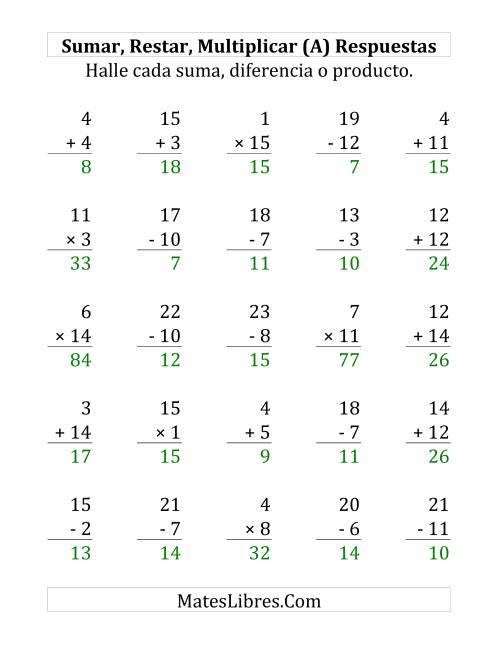 La hoja de ejercicios de Sumar, Restar y Multiplicar, Rango de 1 a 15 (Grande) Página 2