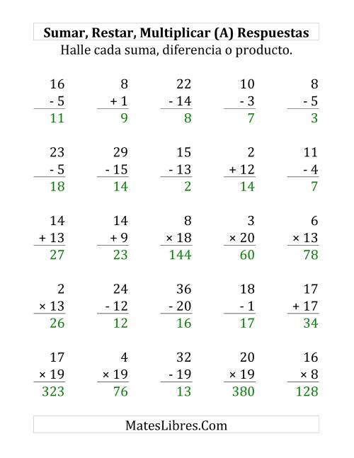 La hoja de ejercicios de Sumar, Restar y Multiplicar, Rango de 1 a 20 (Grande) Página 2