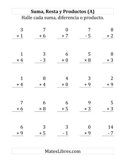 La hoja de ejercicios de 25 Ejercicios de Suma, Resta y Multiplicación (de 0 a 9) (A)