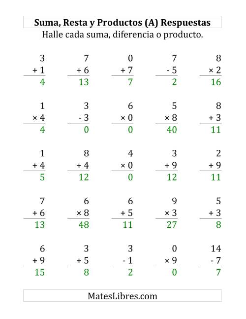 La hoja de ejercicios de 25 Ejercicios de Suma, Resta y Multiplicación (de 0 a 9) (A) Página 2