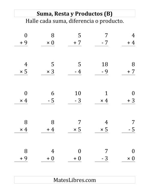 La hoja de ejercicios de 25 Ejercicios de Suma, Resta y Multiplicación (de 0 a 9) (B)