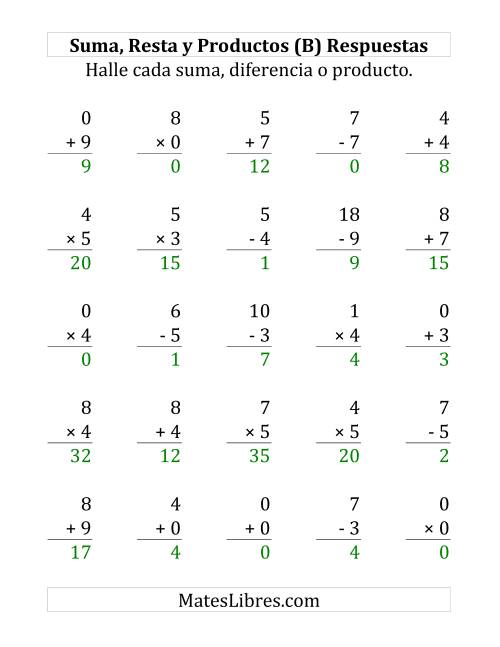 La hoja de ejercicios de 25 Ejercicios de Suma, Resta y Multiplicación (de 0 a 9) (B) Página 2