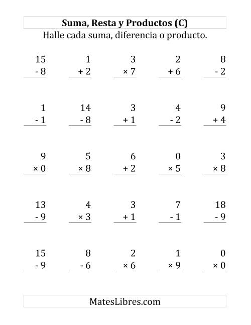 La hoja de ejercicios de 25 Ejercicios de Suma, Resta y Multiplicación (de 0 a 9) (C)
