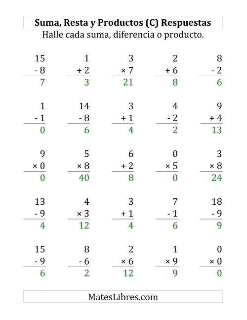 La hoja de ejercicios de 25 Ejercicios de Suma, Resta y Multiplicación (de 0 a 9) (C) Página 2