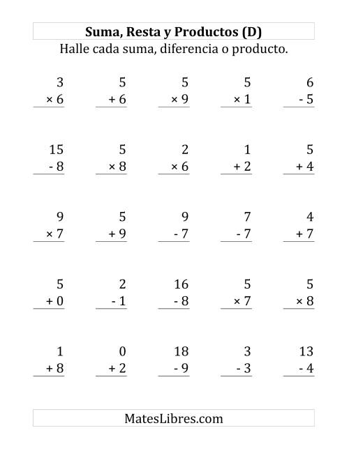 La hoja de ejercicios de 25 Ejercicios de Suma, Resta y Multiplicación (de 0 a 9) (D)