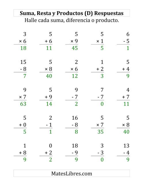 La hoja de ejercicios de 25 Ejercicios de Suma, Resta y Multiplicación (de 0 a 9) (D) Página 2
