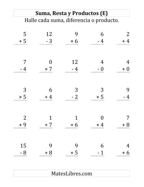 La hoja de ejercicios de 25 Ejercicios de Suma, Resta y Multiplicación (de 0 a 9) (E)