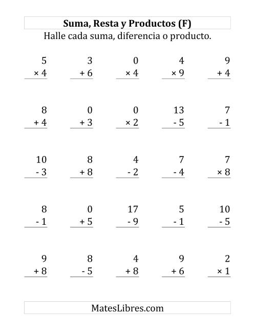 La hoja de ejercicios de 25 Ejercicios de Suma, Resta y Multiplicación (de 0 a 9) (F)