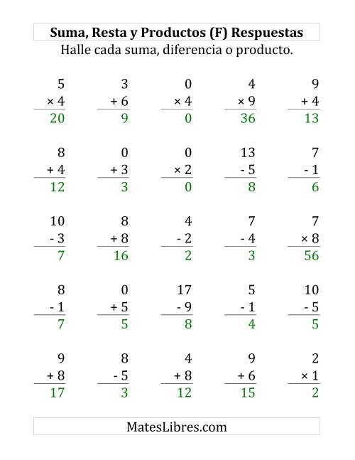 La hoja de ejercicios de 25 Ejercicios de Suma, Resta y Multiplicación (de 0 a 9) (F) Página 2