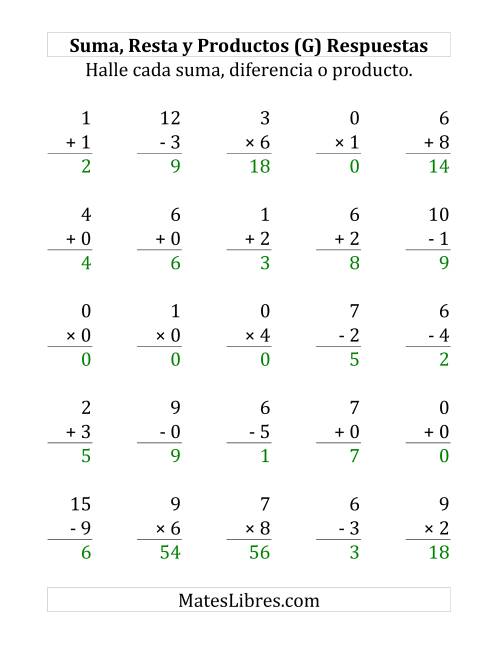 La hoja de ejercicios de 25 Ejercicios de Suma, Resta y Multiplicación (de 0 a 9) (G) Página 2