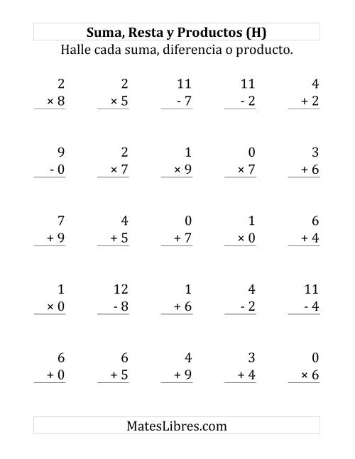 La hoja de ejercicios de 25 Ejercicios de Suma, Resta y Multiplicación (de 0 a 9) (H)