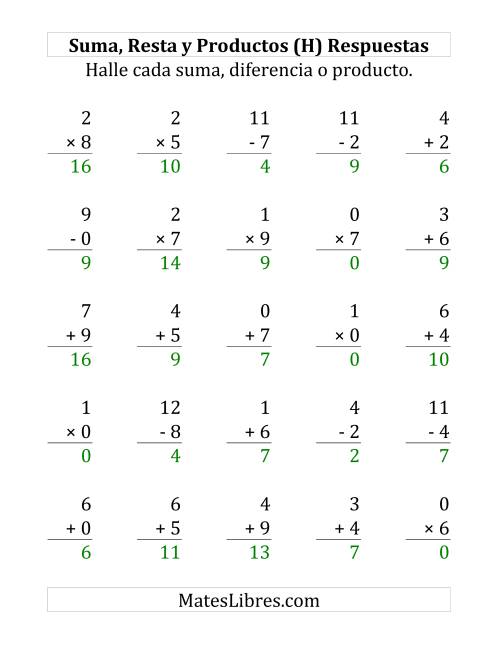 La hoja de ejercicios de 25 Ejercicios de Suma, Resta y Multiplicación (de 0 a 9) (H) Página 2