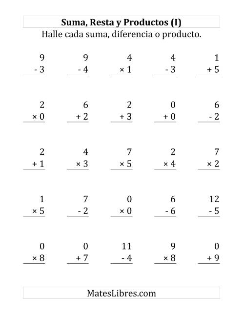 La hoja de ejercicios de 25 Ejercicios de Suma, Resta y Multiplicación (de 0 a 9) (I)