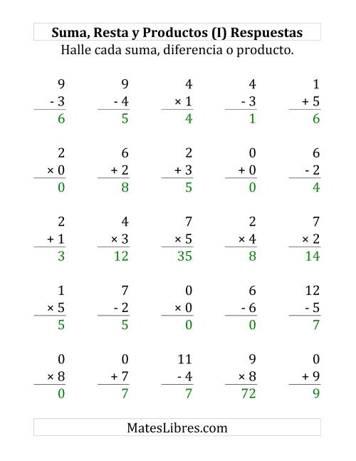 La hoja de ejercicios de 25 Ejercicios de Suma, Resta y Multiplicación (de 0 a 9) (I) Página 2