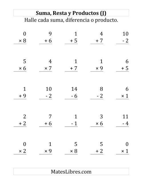 La hoja de ejercicios de 25 Ejercicios de Suma, Resta y Multiplicación (de 0 a 9) (J)