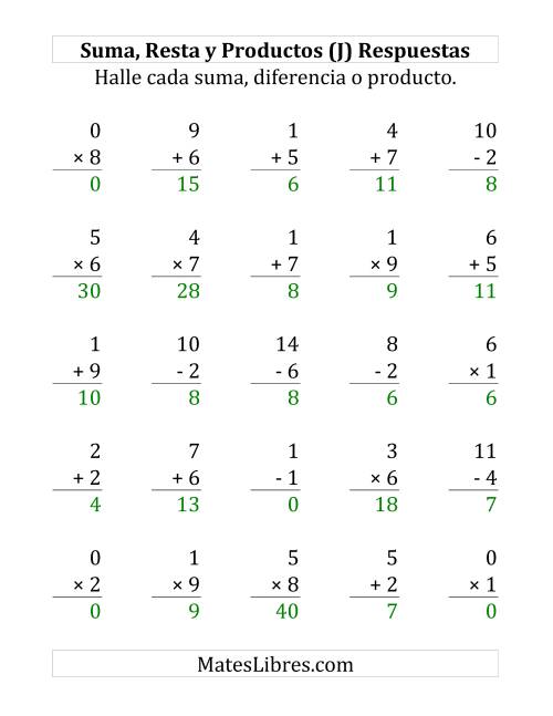 La hoja de ejercicios de 25 Ejercicios de Suma, Resta y Multiplicación (de 0 a 9) (J) Página 2