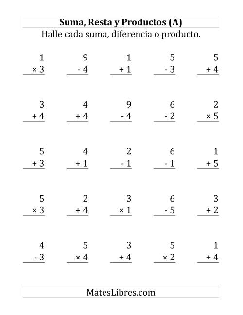 La hoja de ejercicios de 25 Ejercicios de Suma, Resta y Multiplicación (de 1 a 5) (A)