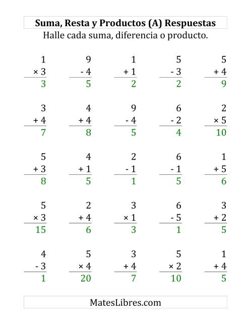 La hoja de ejercicios de 25 Ejercicios de Suma, Resta y Multiplicación (de 1 a 5) (A) Página 2